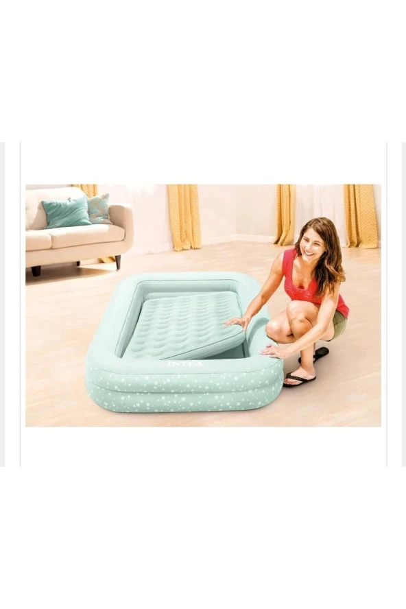 Şişme Çocuk Yatağı Seyahat Tatil Otel Şişme Hava Yatak Seti Yıldız Desenli Çadır Kamp Yatağı - 4