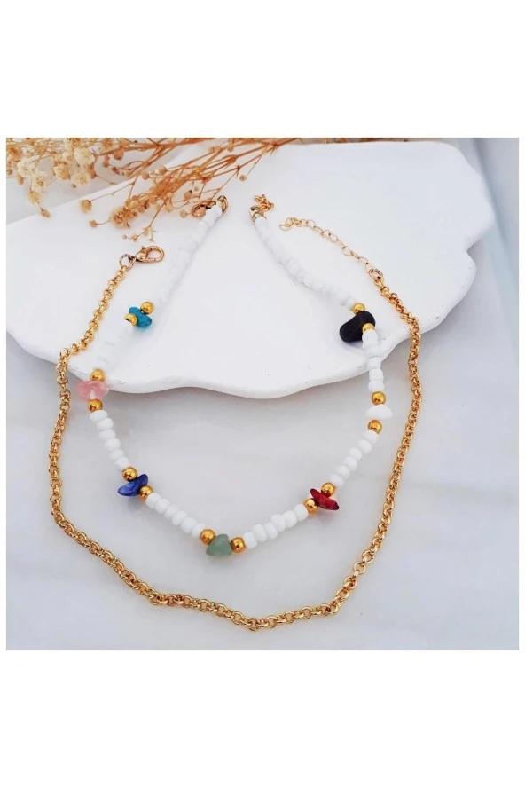 Beyaz Seramik Boncuk & Doğal Taş Çakra & Zincir İkili Choker Kadın Kolye
