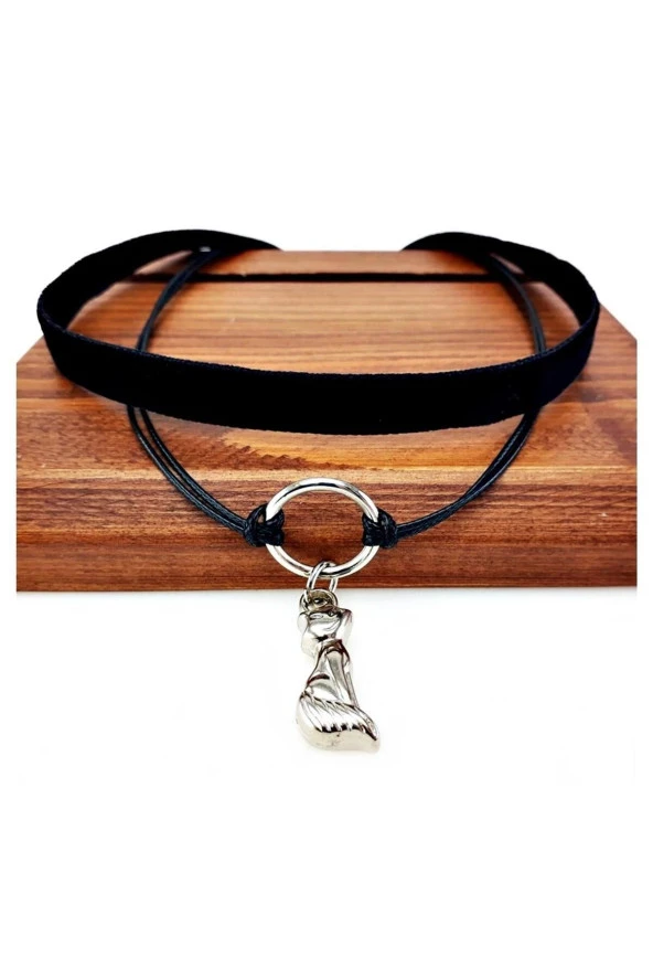 Siyah Renk Kadife Deri Round Ikili Kedi Choker Kolye