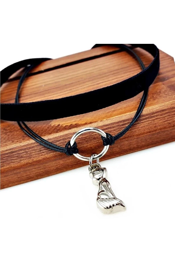Siyah Renk Kadife Deri Round Ikili Kedi Choker Kolye - 2