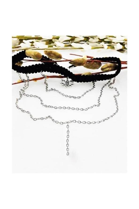 Lotus Çiçeği & Zincir & Özel Dokuma Kadın Choker Kolye - 2