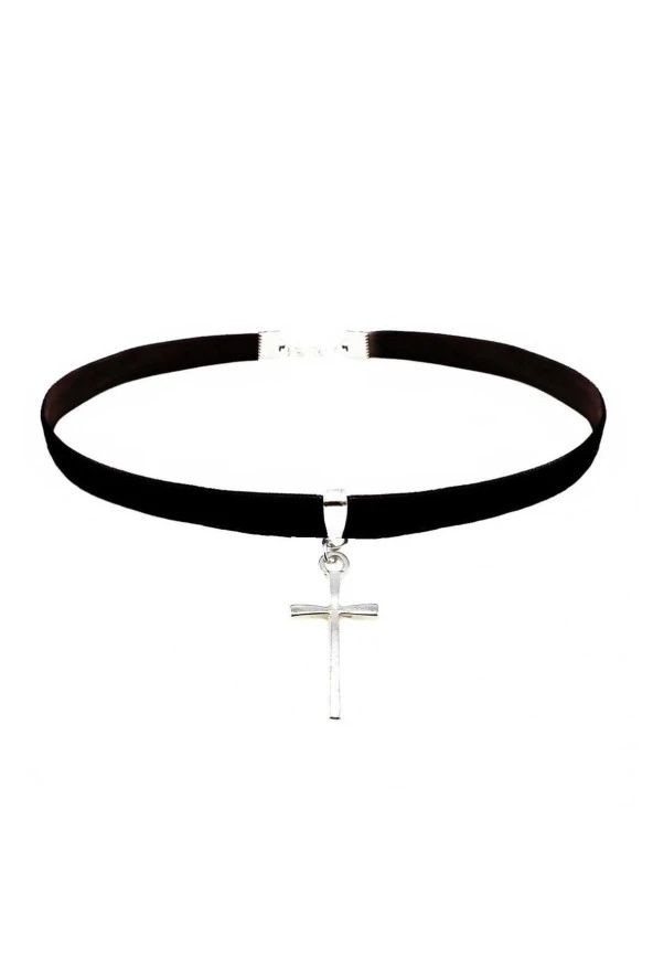 Siyah Kadife Kadın Haç Choker Kolye