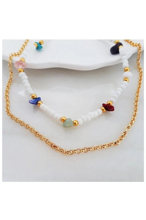 Beyaz Seramik Boncuk & Doğal Taş Çakra & Zincir İkili Choker Kadın Kolye - 2