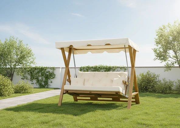 Ahşap Bahçe Salıncağı Meda Iroko Krem Yataklı ve Ayak Sehpalı ürün görseli 1