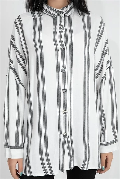 Balık Sırtı Kumaş Düşük Kol Çizgili Kadın Gömlek - Ekru - Resim 7