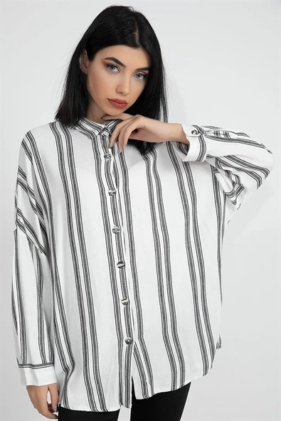 Balık Sırtı Kumaş Düşük Kol Çizgili Kadın Gömlek - Ekru - Resim 5