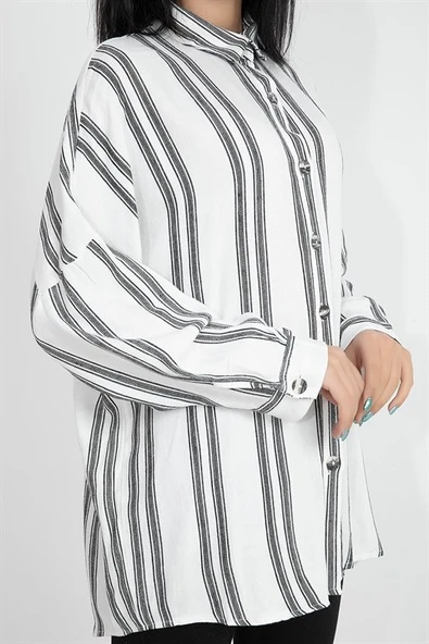 Balık Sırtı Kumaş Düşük Kol Çizgili Kadın Gömlek - Ekru - Resim 6