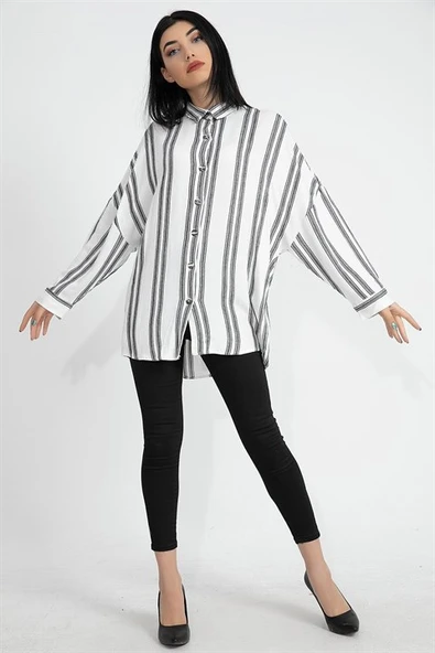 Balık Sırtı Kumaş Düşük Kol Çizgili Kadın Gömlek - Ekru - Resim 2