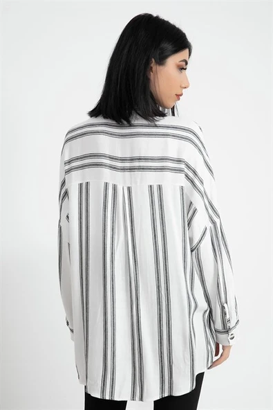 Balık Sırtı Kumaş Düşük Kol Çizgili Kadın Gömlek - Ekru - Resim 4