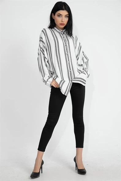 Balık Sırtı Kumaş Düşük Kol Çizgili Kadın Gömlek - Ekru - Resim 3