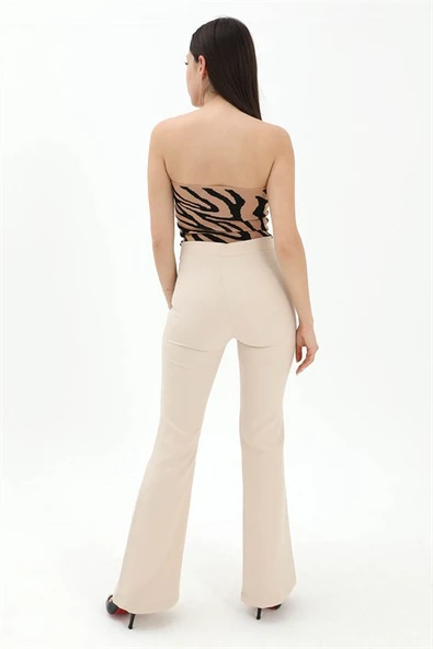 Yüksek Bel Gizli Fermuarlı İspanyol Paça Atlas Kumaş Pantolon - Taş - Resim 4