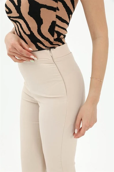 Yüksek Bel Gizli Fermuarlı İspanyol Paça Atlas Kumaş Pantolon - Taş - Resim 5