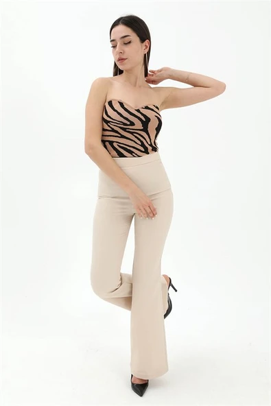 Yüksek Bel Gizli Fermuarlı İspanyol Paça Atlas Kumaş Pantolon - Taş - Resim 2