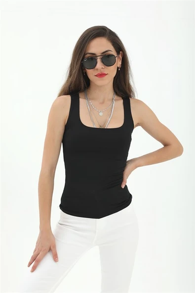 Kare Yaka Kolsuz Atlet - Siyah - Resim 3