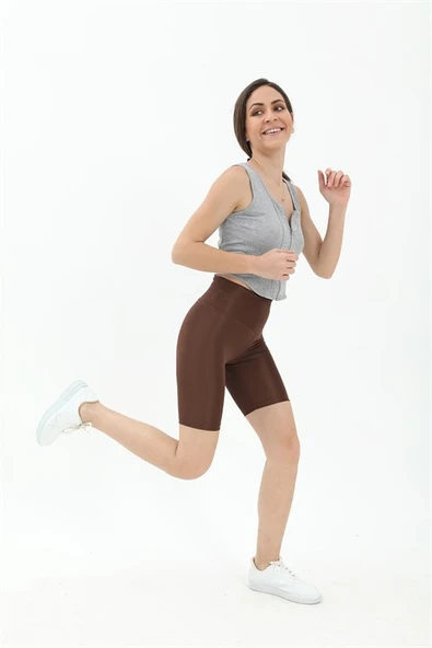 V Kemer Parlak Şort Tayt - Kahverengi ürün görseli 1