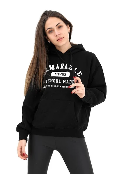 Kapüşonlu School Baskılı Üç İplik Sweat - Siyah ürün görseli 1