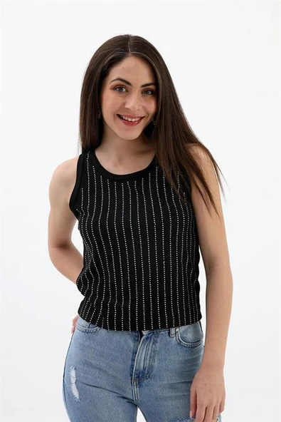 Taş İşlemeli Kolsuz Bluz - Siyah ürün görseli 1