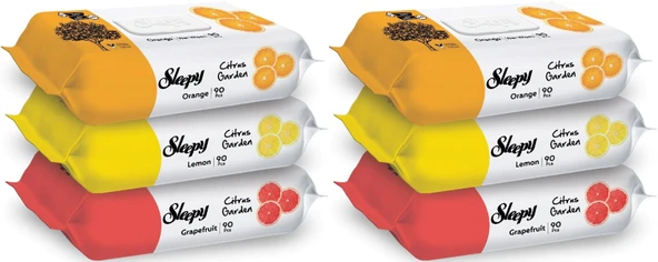 Sleepy Islak Havlu Mendil Meyve Çeşitleri 90 Yaprak (6 Lı Set) Plastik Kapaklı (Citrus Garden)