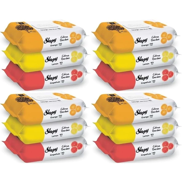 Sleepy Islak Havlu Mendil Meyve Çeşitleri 90 Yaprak (12 Li Set) Plastik Kapaklı (Citrus Garden)