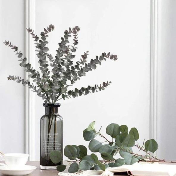 Nettenevime Yapay Çiçek Pastel Yeşil Kahverengi Okaliptus 48cm 3Dallı Uzun Dal Eucalyptus - Resim 3