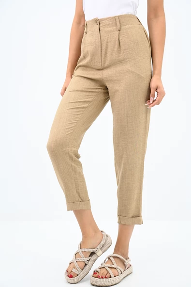 Kadın Yüksek Bel Cep Detaylı Keten Pantolon 6200-23 - 9