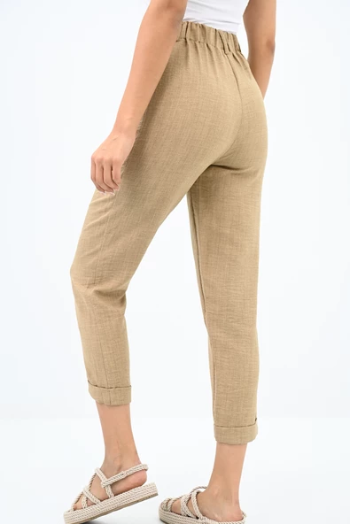 Kadın Yüksek Bel Cep Detaylı Keten Pantolon 6200-23 - 10