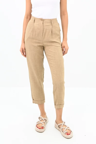 Kadın Yüksek Bel Cep Detaylı Keten Pantolon 6200-23 - 8