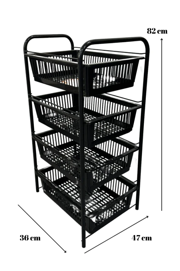 Ece Metal 4 Plastik Raflı Tekerlekli Siyah Sebzelik Meyvelik Organizer - 5