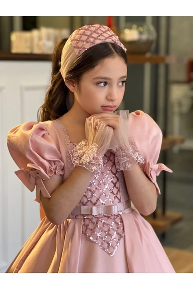 MODAVALS TARLATANLI DUVAKLI SATEN UZUN KIZ ÇOCUK PRENSES ABİYE ELBİSE - 6