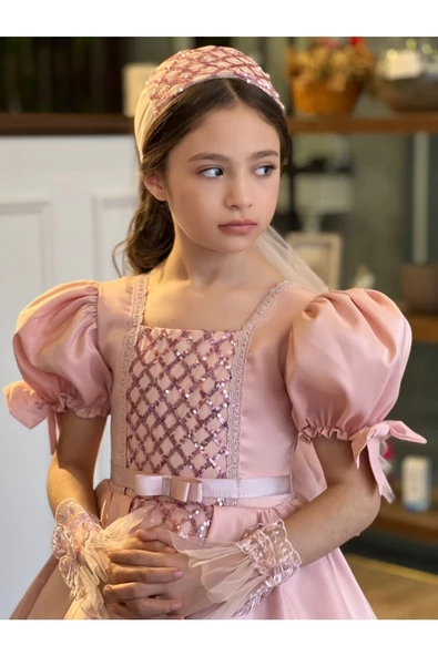 MODAVALS TARLATANLI DUVAKLI SATEN UZUN KIZ ÇOCUK PRENSES ABİYE ELBİSE - 5