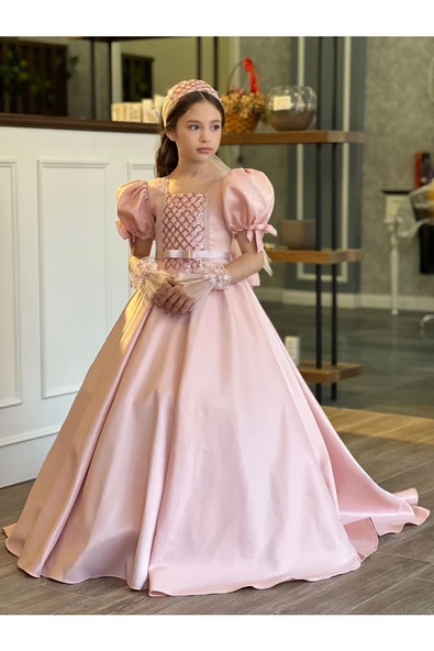 MODAVALS TARLATANLI DUVAKLI SATEN UZUN KIZ ÇOCUK PRENSES ABİYE ELBİSE - 3