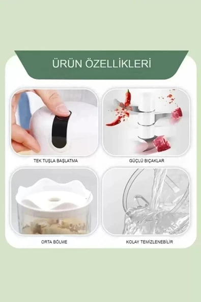 Pratik Mini El Rondosu Şarjlı Çelik 3 Bıçaklı 250 Ml Mutfak Robotu Hazneli Rondo Sebze Et Doğrayıcı Rende - 2