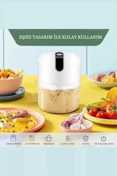 Pratik Mini El Rondosu Şarjlı Çelik 3 Bıçaklı 250 Ml Mutfak Robotu Hazneli Rondo Sebze Et Doğrayıcı Rende - 3