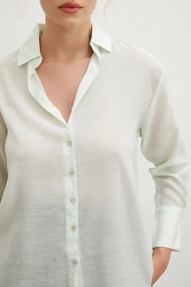 V Yaka Robalı Gömlek Mint - Resim 3