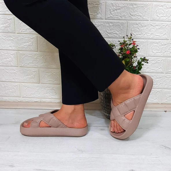 Akınalbella 408 Camel Renk Çapraz eva Hafif Rahat Bayan Terlik - Resim 5