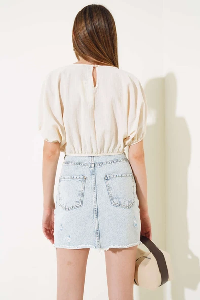 Kırışık Keten Crop Bej - Resim 3