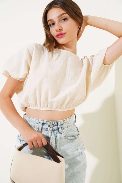 Kırışık Keten Crop Bej