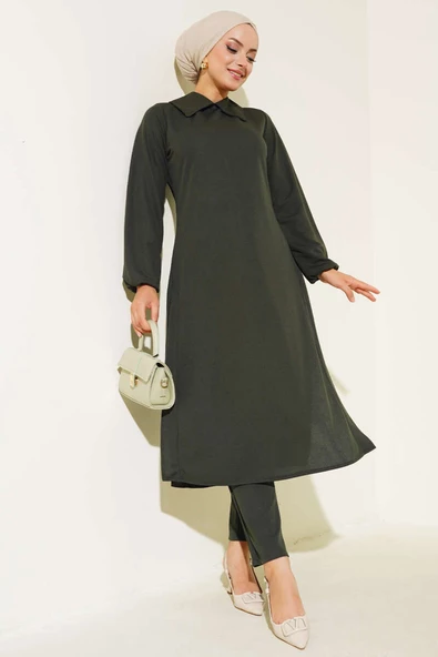 Gömlek Yaka Uzun Tunik Takım Haki
