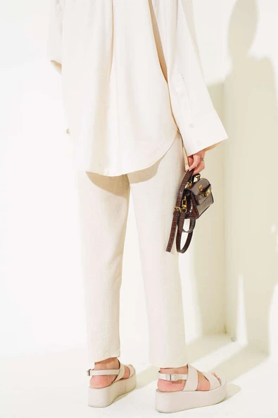 Bel Lastik Tensel Pantolon Bej - Resim 3