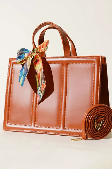 Fularlı Dikdörtgen Çanta Taba ürün görseli 1