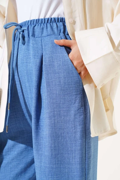 Bel Lastik Tensel Pantolon İndigo - Resim 4