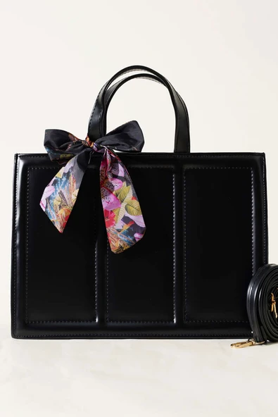 Fularlı Dikdörtgen Çanta Siyah - Resim 2