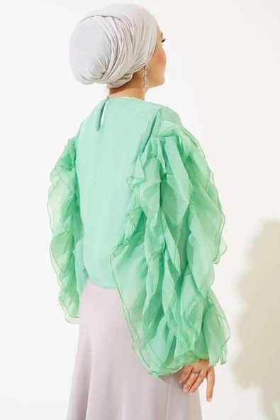 Fırfırlı Kısa Bluz Yeşil - Resim 3