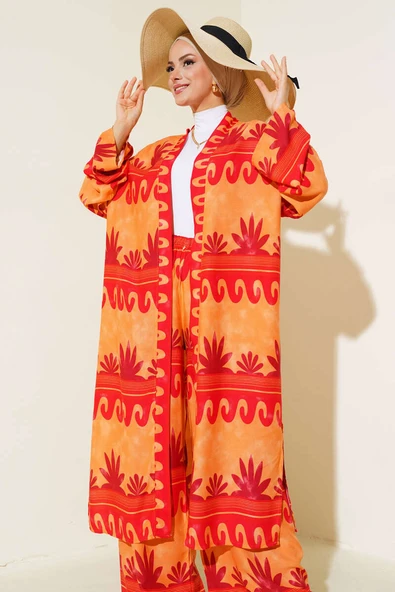 Etnik Desen Kimono İkili Takım Oranj Kırmızı - Resim 2