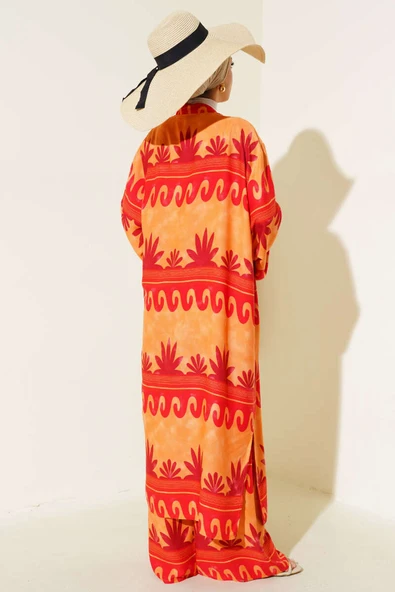 Etnik Desen Kimono İkili Takım Oranj Kırmızı - Resim 3