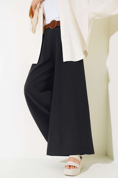 Kemer Detaylı Bol Paça Pantolon Siyah - Resim 2