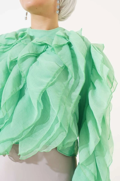 Fırfırlı Kısa Bluz Yeşil - Resim 4
