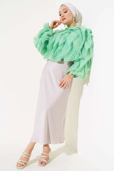 Fırfırlı Kısa Bluz Yeşil - Resim 2