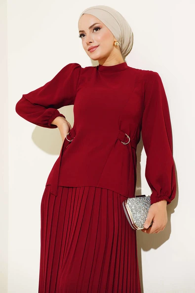 Pileli Etekli İkili Takım Bordo - 2