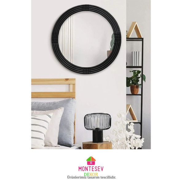 Safir Siyah Dekoratif Ayna Yuvarlak Ayna Işlemeli Ahşap Duvar Aynası Tekli - 69 Cm - 2